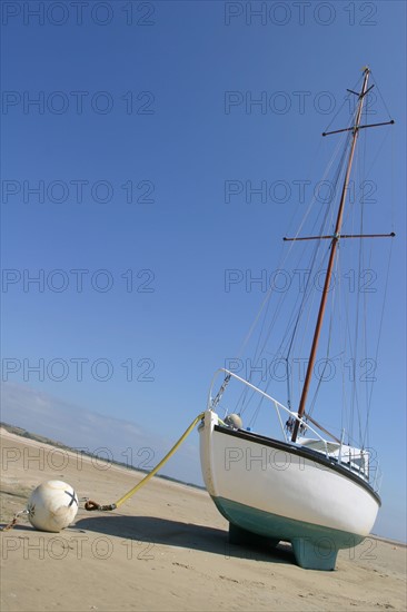 France, Basse Normandie, Manche, pays de coutances, paysage, panorama, pointe d'Agon, bateaux echoues a maree basse sur la greve, voiliers, sable,