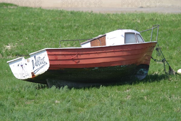 France, Basse Normandie, Manche, pays de coutances, paysage, panorama, pointe d'Agon, bateau echoue dans l'herbe, maree basse,