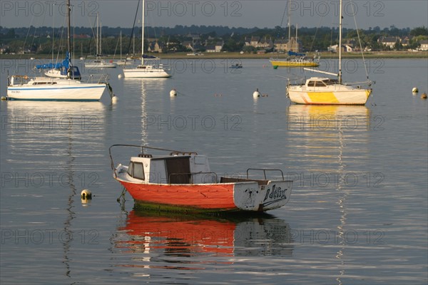 France, Basse Normandie, Manche, pays de coutances, paysage, panorama, pointe d'Agon, bateaux de plaisance a maree haute,