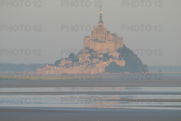 France, Basse Normandie, Manche, pays de la baie du Mont-Saint-Michel, 
le grouin du sud, panorama, maree basse, rochers,