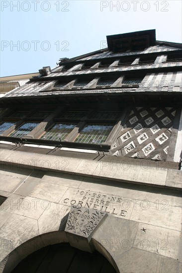 France, Haute Normandie, Seine Maritime, Rouen, detail maison natale de pierre Corneille, 
rue de la Pie, ecrivain, auteur de theatre, litterature classique, colombages, pans de bois,