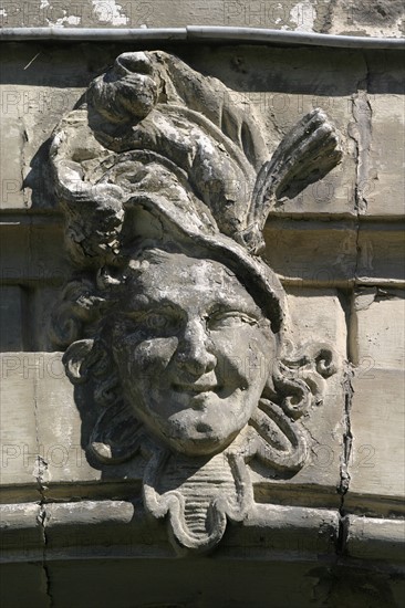 France, Haute Normandie, Seine Maritime, Rouen, rue charles lenepveu, detail habitat, maison, sculpture, habitat traditionnel, ornement, decor, facade, figure, visage d'homme,