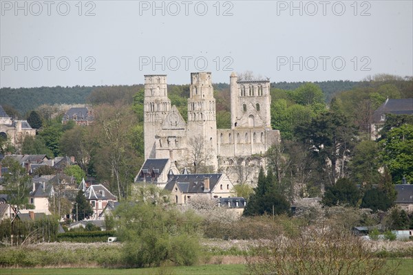 France, Haute Normandie, Seine Maritime, vallee de la Seine, sahurs, jumieges, route des fruits, vue depuis un cargo,