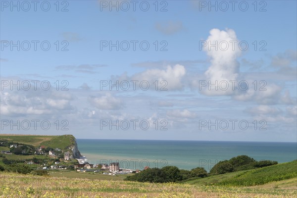 France, Haute Normandie, Seine Maritime, pays de Caux, veulettes sur mer, vue sur la plage et la falaise depuis les hauteurs de Paluel,