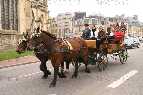 France, Basse Normandie, Manche, Cotentin, Cherbourg, cheval et caleche pres de l'eglise de la trinite, promenade touristique, attelage,