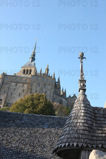 France, Basse Normandie, Manche, pays de la baie du Mont-Saint-Michel, le Mont-Saint-Michel, clocheton et fleche de la merveille,