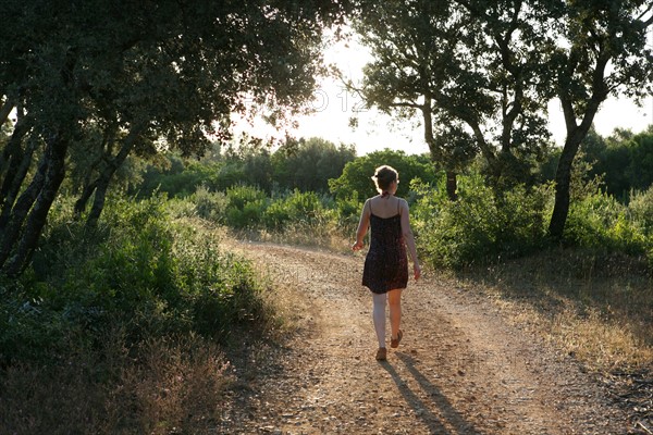 France, languedoc roussillon, gard, chemin de grande randonnee, au dessus des gorges du Gardon GR 6, entre Sanilhac sagries et Collias, garrigue, arbres, jeune femme, promenade,