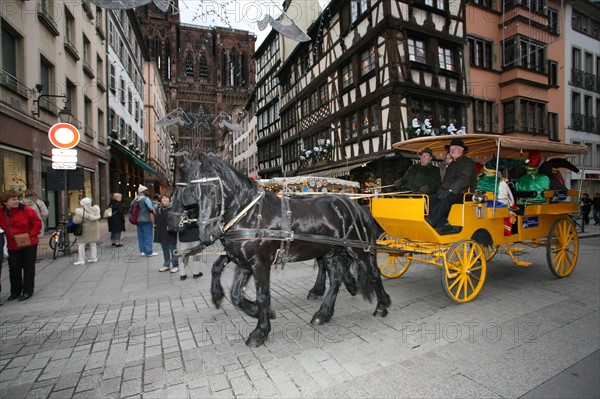 France, alsace, bas rhin, strasbourg, marche de Noel 2006, festivites, decor, sapin, boules, guirlandes, arbre de noel, caleche, cheval, ambiance, hiver,