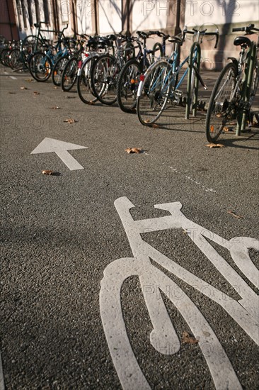 France, alsace, bas rhin, strasbourg, quais, pistes cyclables pres du palais de rohan, signalisation, velo paint au sol, circullation urbaine, cyclisme,