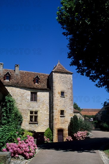 France, midi pyrenees, lot, loubressac, vallee de la dordogne, village fleuri, maison, pierre, hortensias, tour,