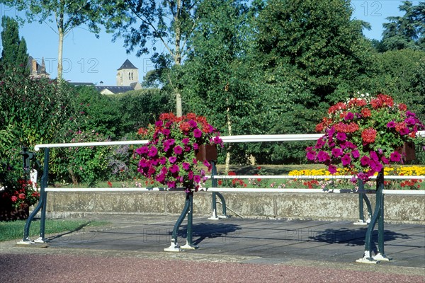 France, region pays de loire, sarthe, riviere, solesmes, ecluse, fleurs, eglise, abbaye,