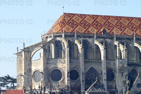 France, region ile de france, yvelines, mantes la jolie, seine, collegiale notre dame, chevet, toiture, tuiles vernissees, arcs boutants,