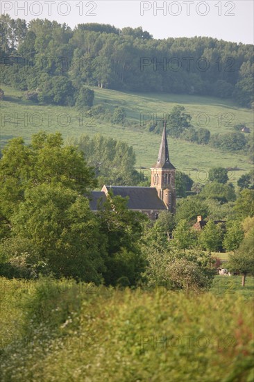 France, Basse Normandie, calvados, pays d'auge, pays de cambremer, route du cidre, rumesnil, paysage, clocher, eglise, champ, pommiers,