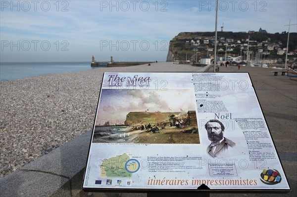 France, Haute Normandie, seine maritime, pays des hautes falaises, etretat, fecamp, plage, galets, circuits impressionnistes, paysage, jules noel peintre, panneau,