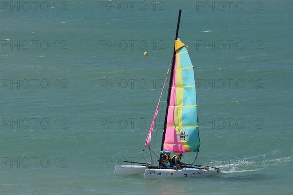 France, Haute Normandie, seine maritime, plateau de caux maritime, veulettes sur mer, front de mer, place, centre nautique, club de voile, sport, catamaran,