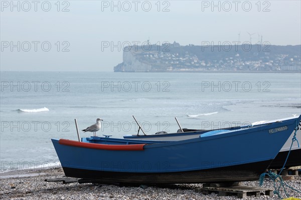 France, Haute Normandie, seine maritime, pays des hautes falaises, etretat, yport plage, galets, falaise d'amont, barques, caiques, bateaux, canots, impressionnisme,