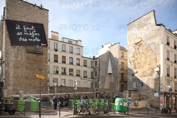 France, Ile de France, paris 20e arrondissement, belleville, place frehel, angle vide, batiments, fresque,