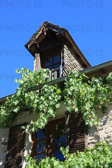 france, region midi pyrenees, aveyron, najac, village sauvegarde, chateau, forteresse, moyen age, vieilles pierres, patrimoine, histoire, detail lucarne, maison,