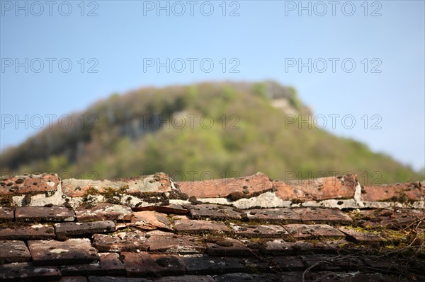 France, franche comté, jura, baume les messieurs, village, patrimoine, montagne, reculée, nature, détail d'une toiture en tuiles,