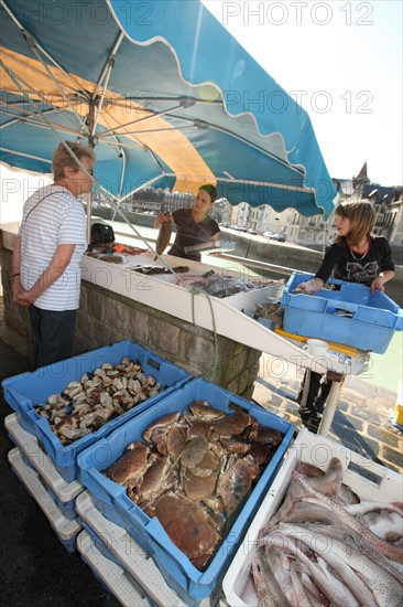 France, Haute Normandie, seine maritime, plateau de caux maritime, saint valery en caux, port, debarque et vente de la peche sur le quai, poisson, bateaux,