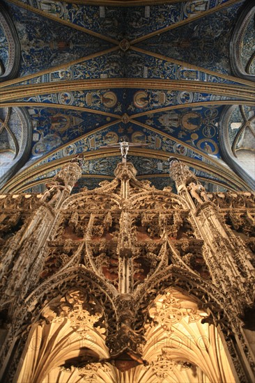 france, region midi pyrenees, tarn, albi, patrimoine mondial unesco, cathedrale sainte cecile, nef, brique, edifice religieux, art gothique meridional, entree du choeur, detail du jube,