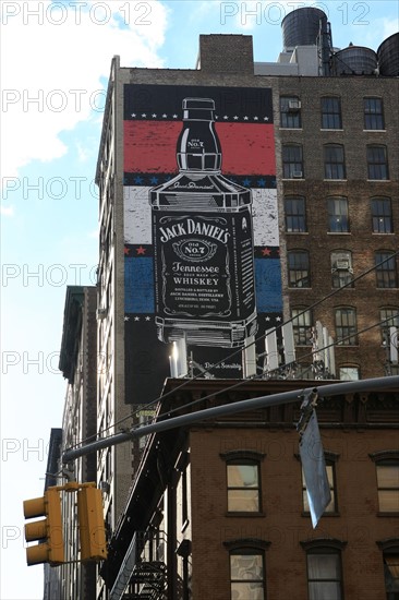 usa, etat de New York, New York City, Manhattan, Chelsea, pot de fleurs mur peint, publicite, jack daniels,