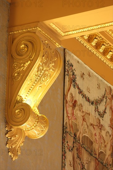 France, ile de france, paris 1er arrondissement, 13 rue cambon, palais cambon, cour des comptes, institution, etat, batiment grand chambre, detail plafond, console, 
Date : 2011-2012