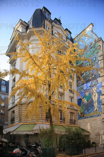 France, ile de france, paris 3e arrondissement, le marais, rangle rue des archives et rue des haudriettes, mur peint de robert combas, 
Date : 2011-2012