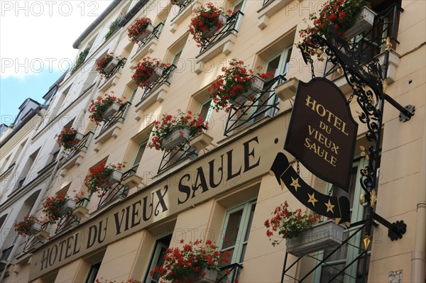 France, ile de france, paris, 3e arrondissement, marais, rue de picardie, hotel du vieux saule, enseigne, geraniums, 
Date : 2011-2012