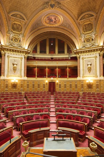 France, ile de france, paris 6e arrondissement, rue de vaugirard, palais du luxembourg, senat, hemicycle, depuis la tribune du president.
Date : 2011-2012