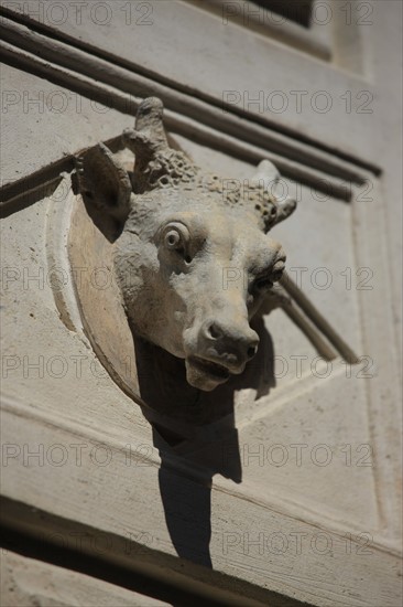 France, ile de france, paris 7e arrondissement, 14 rue vaneau, maison de 1835 neo renaissance, philibert delorme, architecture, decor, renovation, detail figure animaliere.
Date : 2011-2012