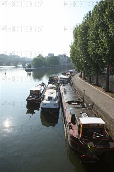 France, ile de france, paris 1e, pont des arts, la Seine passerelle entre louvre et institut de france, vue sur le quai de conti, le pont neuf et la pointe de l'ile de la cite, square du vert galant, peniches.
Date : 2011-2012