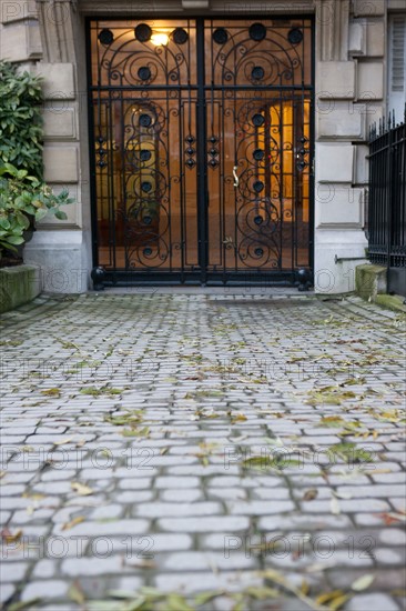 france, region ile de france, paris 16e arrondissement, avenue du president wilson, trottoir, feuilles mortes, entree d'immeuble, porte, matin,