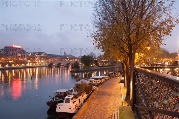 france, ile de france, paris, 6e arrondissement, pont des arts, entre quai de conti et musee du louvre, seine, nuit, cadenas, petit matin,