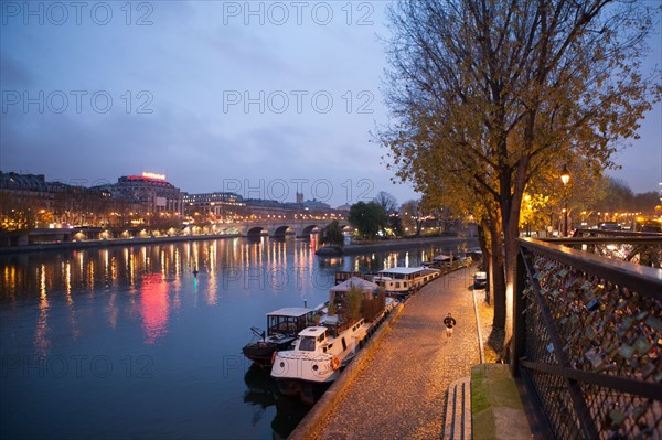 france, ile de france, paris, 6e arrondissement, pont des arts, entre quai de conti et musee du louvre, seine, nuit, cadenas, petit matin,