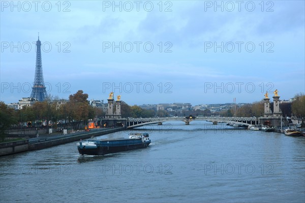 france, region ile de france, paris 7e arrondissement, seine, peniche,  pont alexandre III, tunnel souterrain sous le pont, circulation, matin, fin de nuit, eclairage,  tour eiffel,