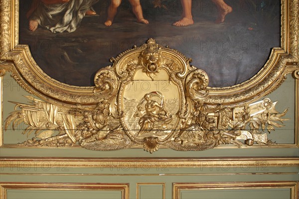 France, ile de france, paris 1er arrondissement, 39 rue croix des petits champs, banque de france hotel de toulouse dit aussi hotel de la vrilliere, galerie doree, galerie d'apparat, gouverneur, institution, detail des boiseries et tableau,