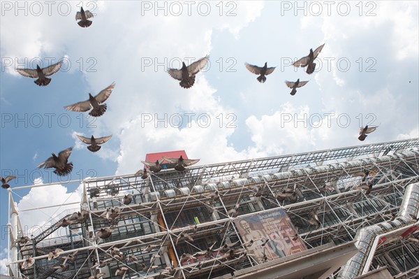 France, Region Ile de France, Paris 4e arrondissement, Beaubourg, Centre Georges Pompidou, piazza, place, touristes, pigeons,