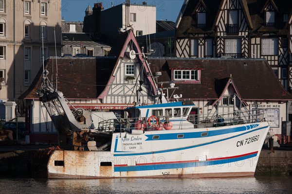 France, region Basse Normandie, Calvados, Cote fleurie, Trouville-sur-Mer, port, chalutiers a quai, mouettes, eau, la Touques,