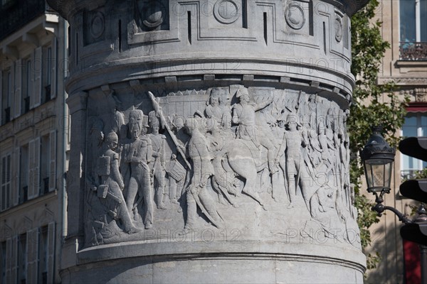 France, Ile de France, Paris 17e arrondissement, Place de Clichy, statue du marechal Moncey, sculpture, piedestal, relief representant la defense de Paris par Moncey a la barriere de Clichy, en 1814