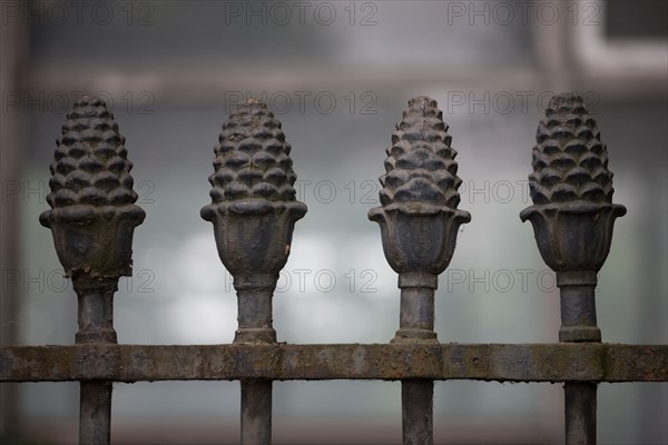 France, Ile de France, Paris 5e arrondissement, quai Saint-Bernard, detail de la grille de l'ancienne halle aux vins, pomme de pin, symbole des marchands de vin,