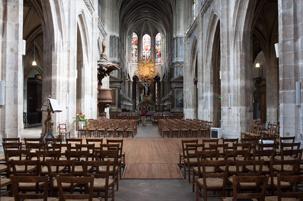 France, Région Ile de France, Paris 4e arrondissement, Rue Saint Martin, église Saint Merri, nef et choeur, chaire au palmier,