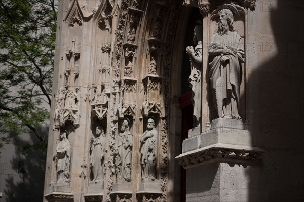 France, Région Ile de France, Paris 4e arrondissement, le Marais, Rue Saint Martin, détail du porche de l'église Saint Merri, sculpture,