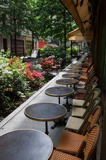 France, Région Ile de France, Paris 4e arrondissement, le Marais, Rue du Trésor, fleurs et terrasses,