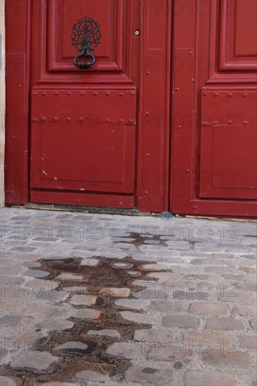 France, Région Ile de France, Paris 6e arrondissement, Rue de l'Ecole de Médecine, détail d'une porte rouge et d'eau sur les pavés,