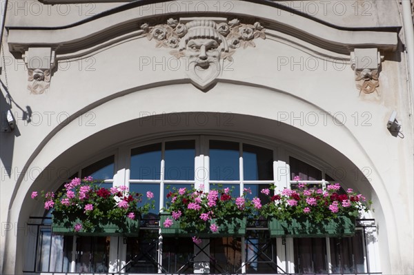 France, Région Ile de France, Paris 6e arrondissement, Rue monsieur le prince, détail de façades, fenêtre avec fleurs, jardinières de géraniums,