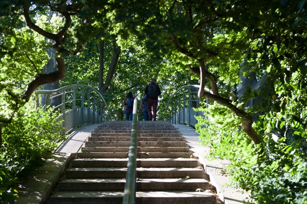 France, Région Ile de France, Paris 12e arrondissement, Parc de Bercy, escalier et passerelle qui enjambe la rue entre les deux parties du parc,