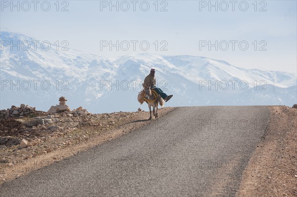 Afrique du nord, Maroc, Marrakech, pied du Haut Atlas, route d'Amizmiz, en direction de Sidi Brahim, paysan chevauchant un âne,