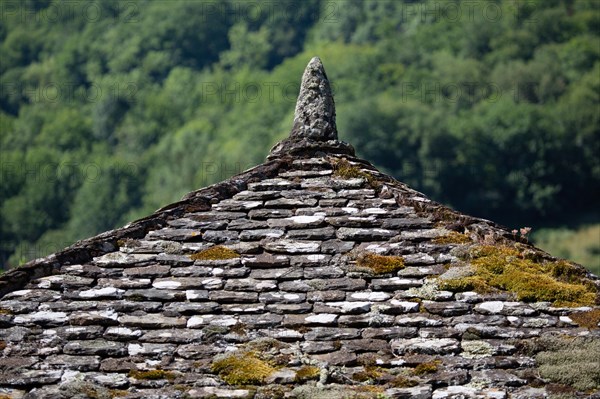 Parc des Grands Causses, Brousse-le-Château, détail d'un toit en ardoise