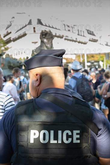 Police logo on the back of a uniformed officer